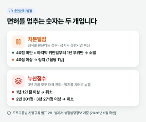 벌점 소멸 기간, 40점 미만일 때만 1년 — 면허 정지·취소는 두 숫자로 셉니다