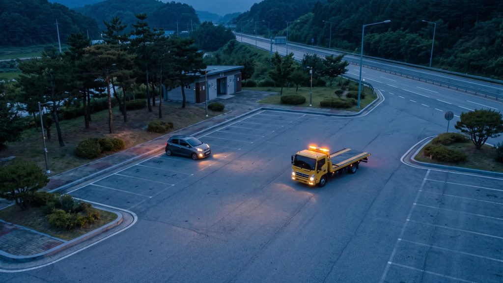 해 질 녘 넓은 휴게소 주차장 가장자리에 홀로 선 소형차와 노란 경광등을 켜고 들어오는 견인차를 위에서 내려다본 모습