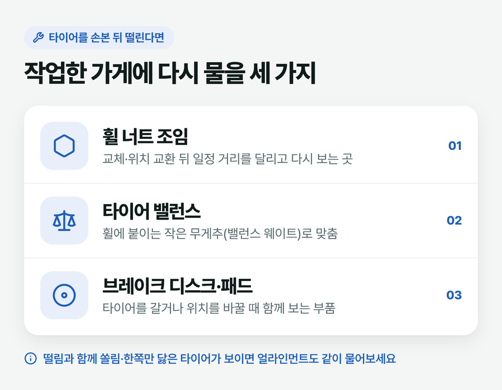 타이어를 갈거나 위치를 바꾼 뒤 차 떨림이 시작됐을 때 작업한 가게에 다시 물어볼 세 가지: 휠 너트 조임, 밸런스, 브레이크 디스크와 패드