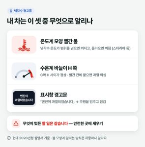 냉각수 경고등이 뜨면 차를 세운 뒤 김이 나는지부터 보세요