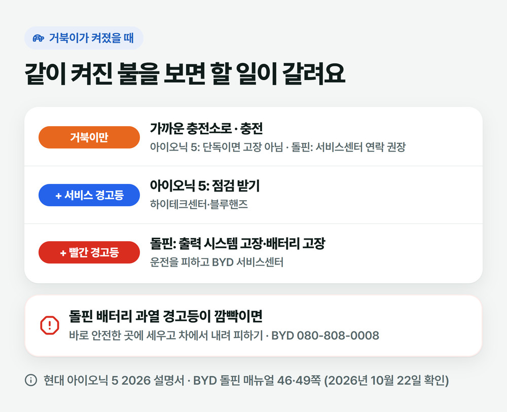 거북이가 켜졌을 때 같이 켜진 불로 할 일을 가르는 그림: 거북이만이면 충전, 서비스 경고등이면 점검, 빨간 경고등이면 운전을 피하고 서비스센터, 돌핀 과열 경고등이 깜빡이면 세우고 대피
