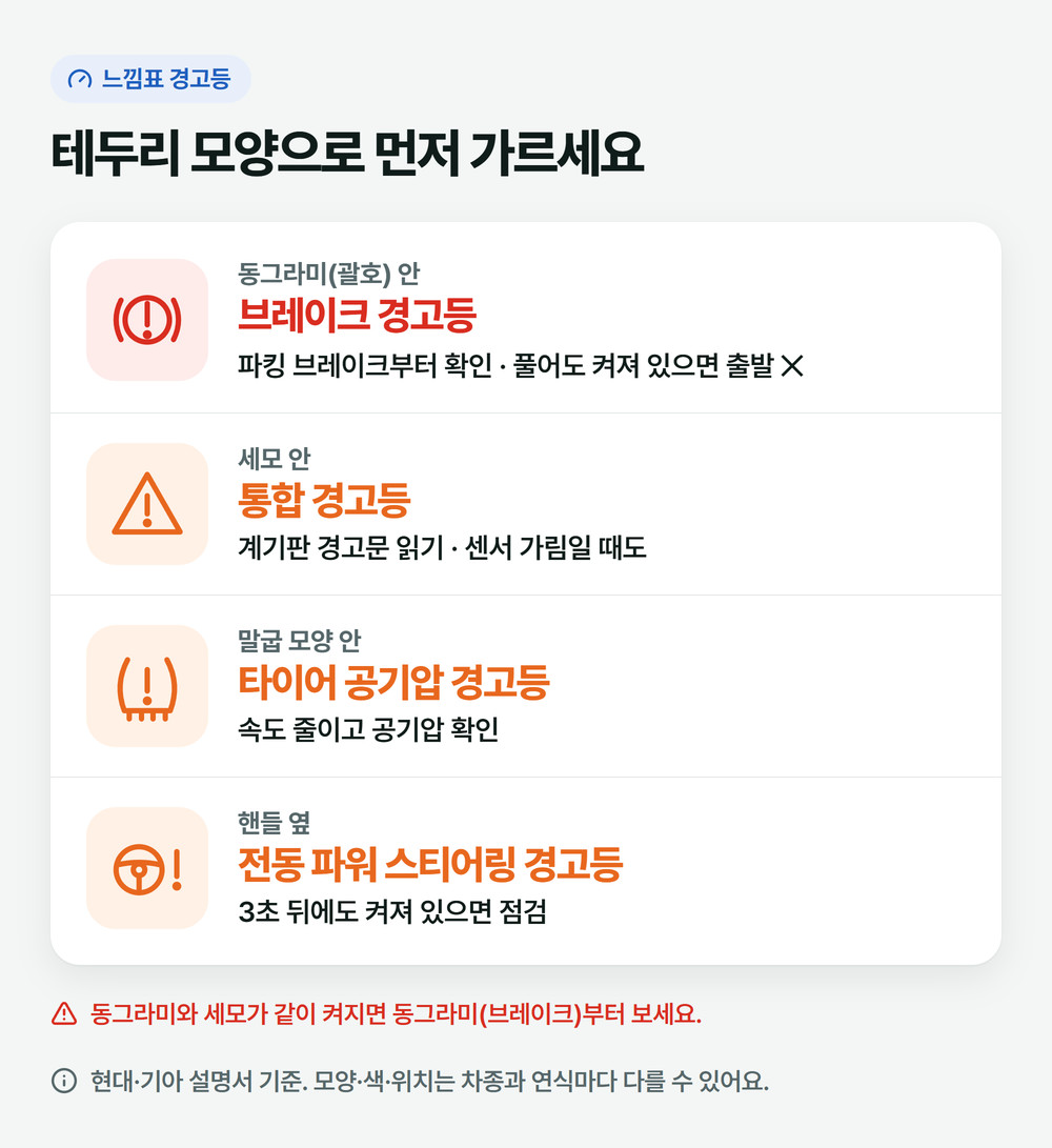 자동차 경고등 느낌표 네 가지 모양: 동그라미 안은 브레이크, 세모 안은 통합 경고등, 말굽 모양은 타이어 공기압, 핸들 옆은 전동 파워 스티어링