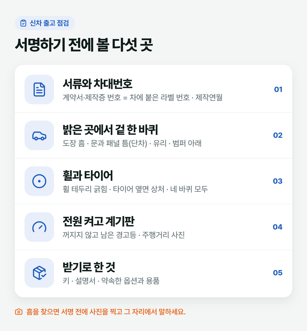 신차 출고 점검 때 인수증 서명 전에 볼 다섯 곳: 서류와 차대번호, 밝은 곳에서 겉 한 바퀴, 휠과 타이어, 전원 켜고 계기판, 받기로 한 물건