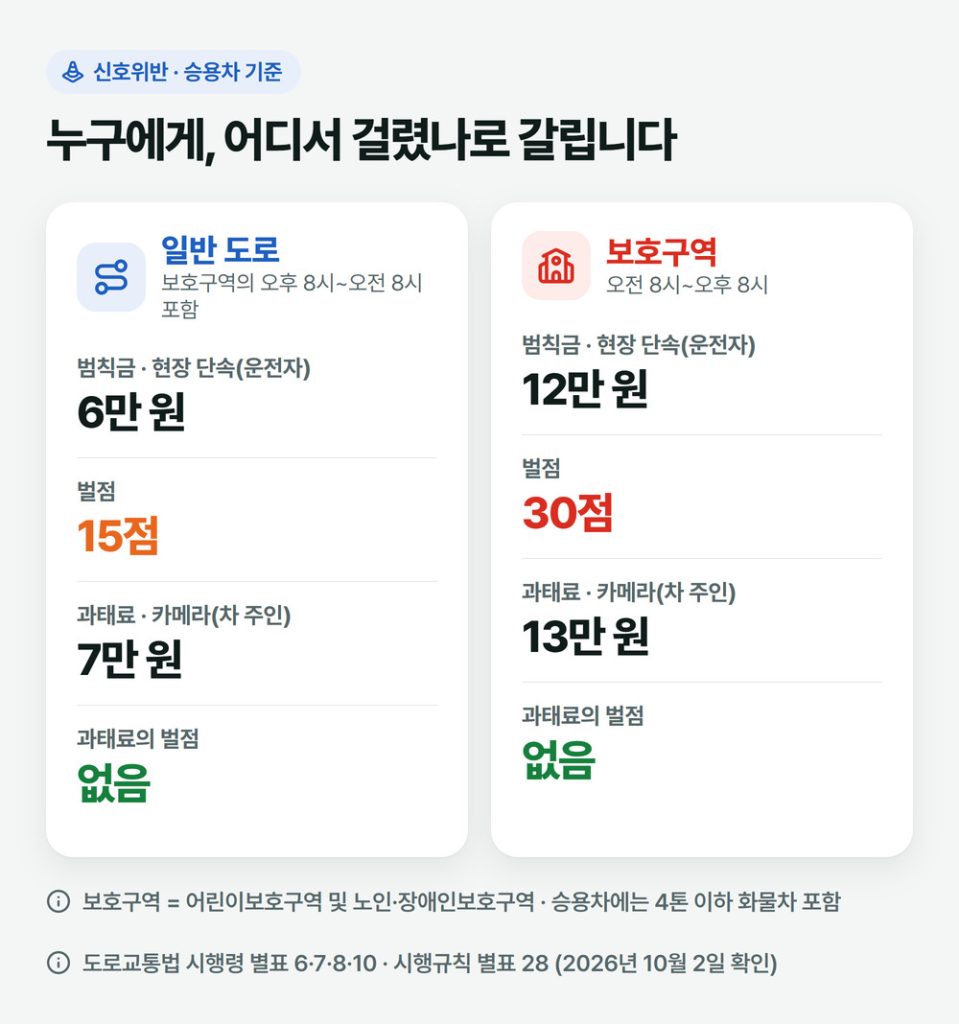 신호위반 벌점과 금액 비교: 일반 도로는 범칙금 6만 원·벌점 15점·과태료 7만 원, 보호구역 오전 8시~오후 8시는 범칙금 12만 원·벌점 30점·과태료 13만 원