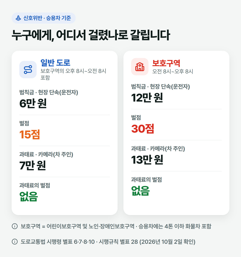 신호위반 벌점과 금액 비교: 일반 도로는 범칙금 6만 원·벌점 15점·과태료 7만 원, 보호구역 오전 8시~오후 8시는 범칙금 12만 원·벌점 30점·과태료 13만 원