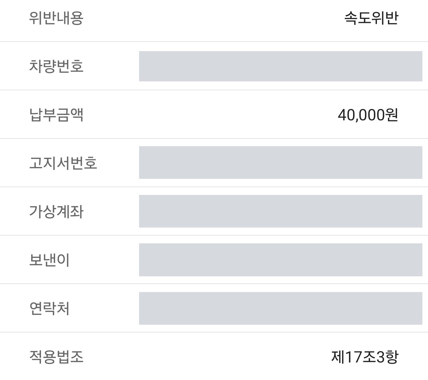 국민비서로 받은 속도위반 과태료 상세 화면, 위반내용 속도위반·납부금액 40,000원·적용법조 제17조3항
