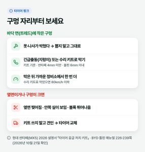 타이어 펑크가 났는데 스페어타이어가 없다면 무엇부터 할까요