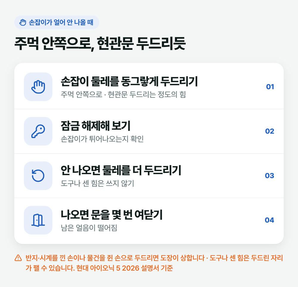얼어서 안 튀어나오는 문 손잡이 푸는 순서: 주먹 안쪽으로 손잡이 둘레 두드리기, 잠금 해제, 안 나오면 더 두드리기, 나오면 문 몇 번 여닫기
